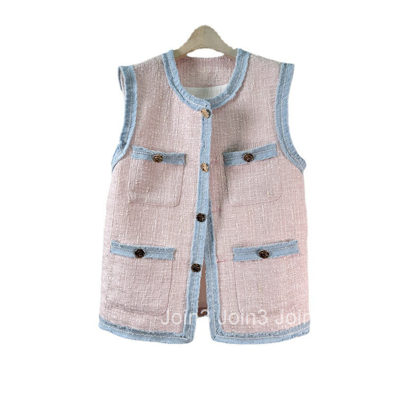 Yuans New Summer Vest Womens Small Fragrance Loose Round Neck Single breasted Panel Edge Vest Womens Outwear