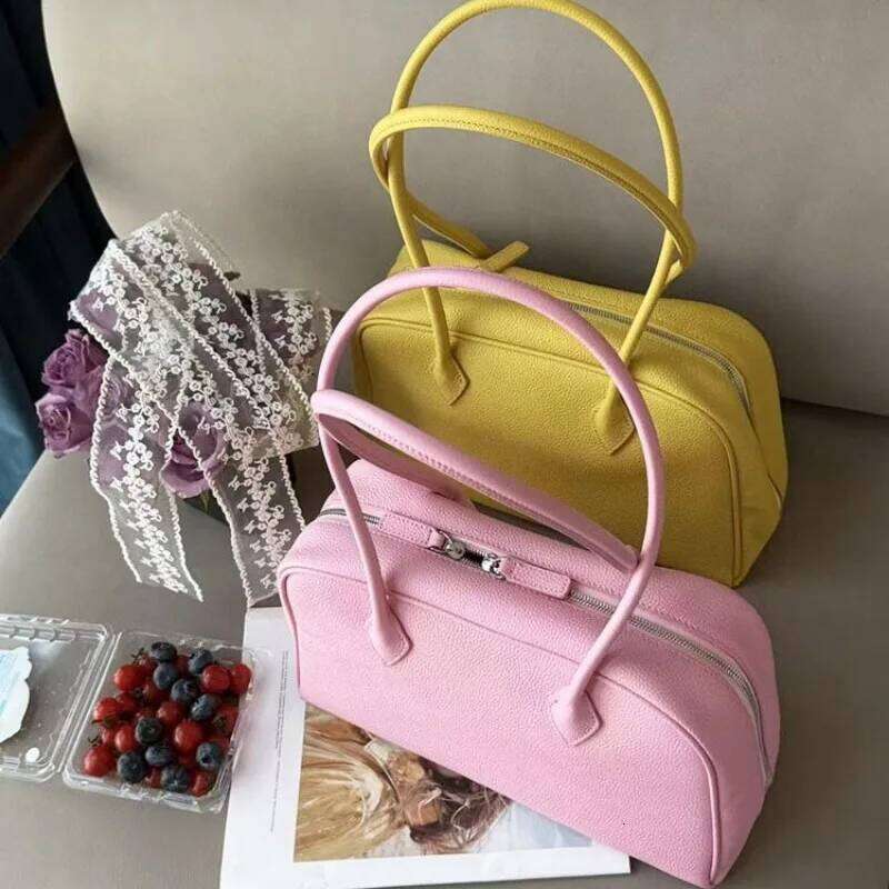 VOAETEC First Layer Cowhide Underarm Tote Niche Boston Pillow Bowling Handbag Commuter Shoulder Bag Casual Versatile