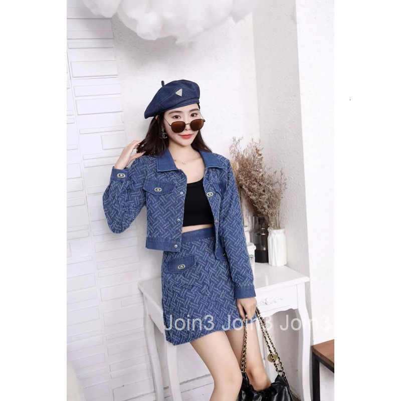 Autumn New Fashion Slimming Floral Denim Long Sleeve Short Jacket Top Shirt High Waist Half Skirt Set