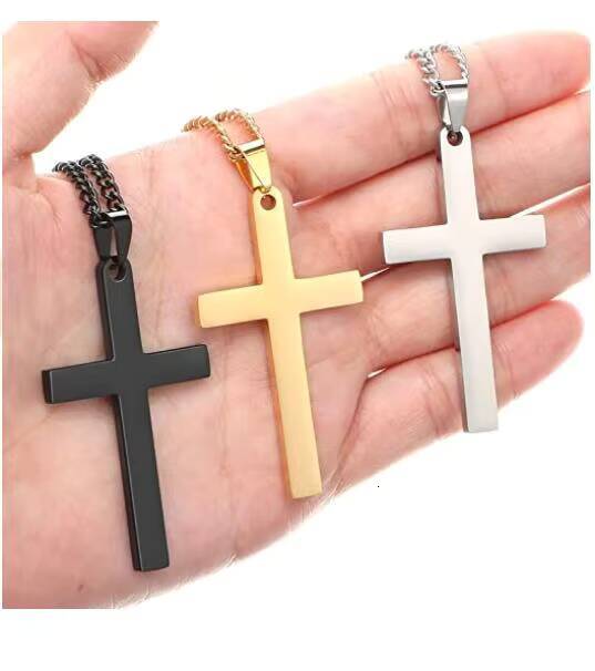 Wholesale Fashion Jewelry Silver Black Gold Plated Stainless Steel Chain Dainty Religious Cross Pendant Necklace for Women Men