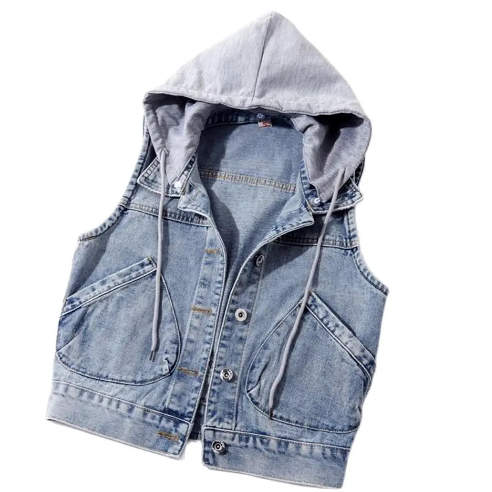 Short Denim Hoodies Women Removable Hooded Coat Spring Side Pockets Sleeveless Jeans Jackets Female Tops Sweaters Fall 250729