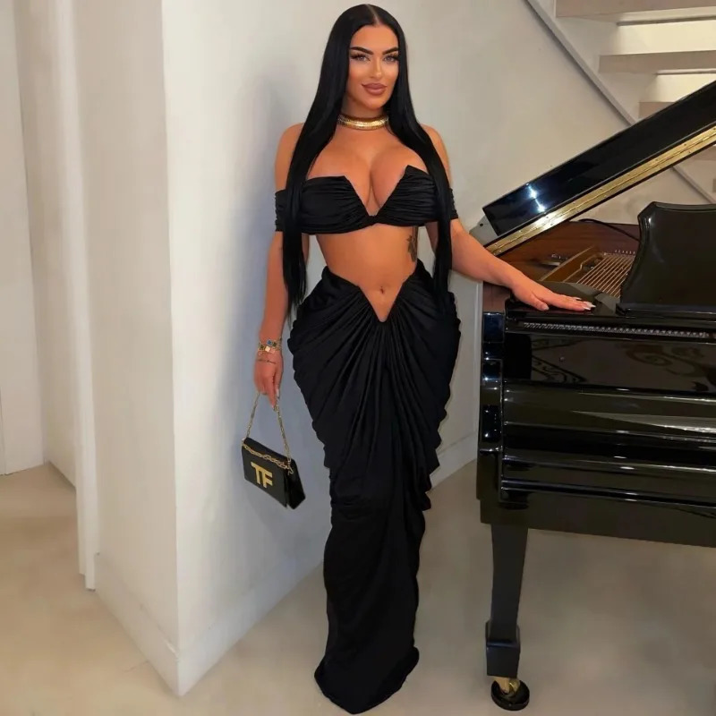 Sexy Party Night Ruched Maxi Dress Sets for Women Two Piece Set Club Outfits Slash Neck Crop Top Long Skirt Matching Sets 250729