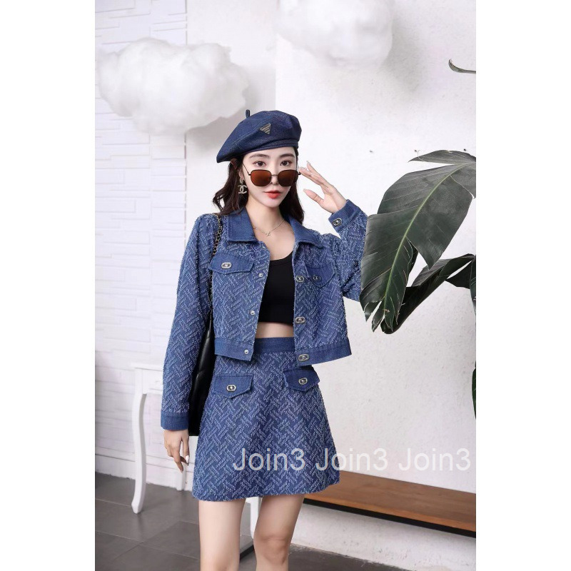 Autumn New Fashion Slimming Floral Denim Long Sleeve Short Jacket Top Shirt High Waist Half Skirt Set