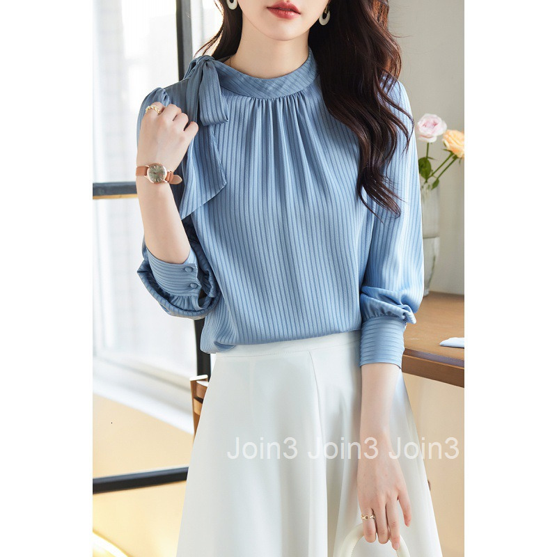 Spring and Autumn New Tie Shirt Womens Professional Style Blue Striped Chiffon Long Sleeve Shirt Womens Top
