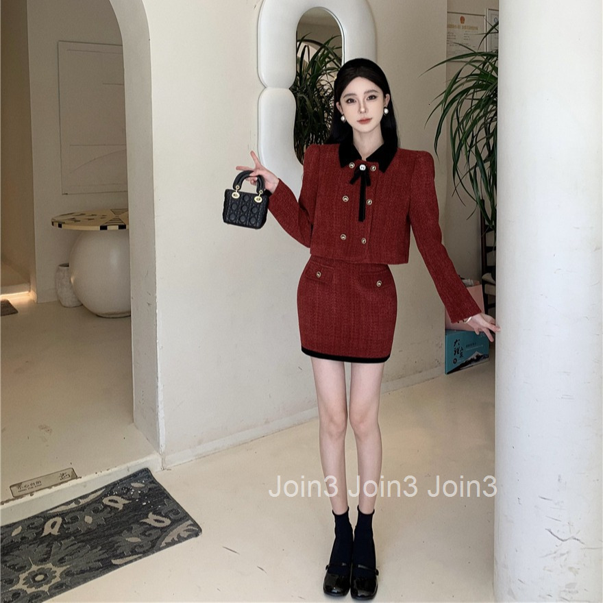 Autumn Winter New French Style Elegant Lapel Long Sleeve Short Coat Top + Half Skirt Two-Piece Set