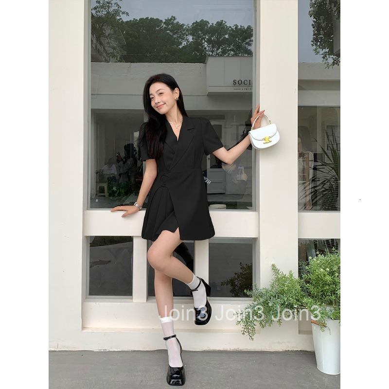 25 Summer New Fashion Elegant Suit Collar Slim Fit Short Sleeve Dress Pleated Short Skirt A-line Skirt