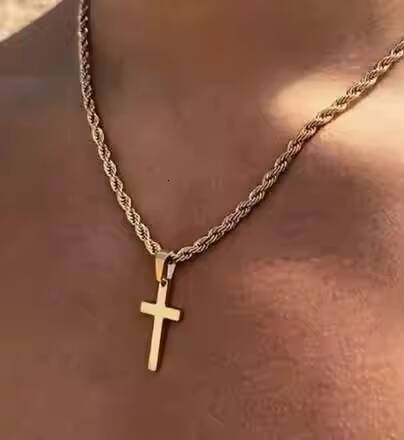 Minimalist Tarnish Free 18k Gold Silver Stainless Steel Twisted Rope Chain Cross Pendant Necklace Men Women