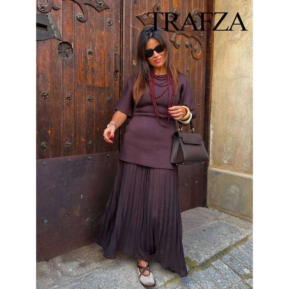 Women Elegant Half Sleeves O-Collar Pleated Spring Woman Rear Zipper Splicing Vintage Casual Knitted Long Dress