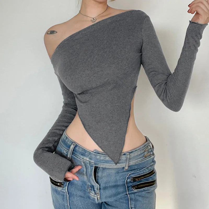 Women Tees Spring Sexy Crop Top Off Shoulder Slim Solid Tshirts Long Sleeves Streetwear Pullover Asymmetrical Tshirts 250729