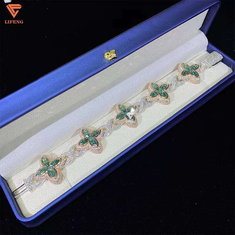 Jewelry Lucky Clover Sier Iced Out VVS Blue Pink Green Dia Moissanite Bracelet