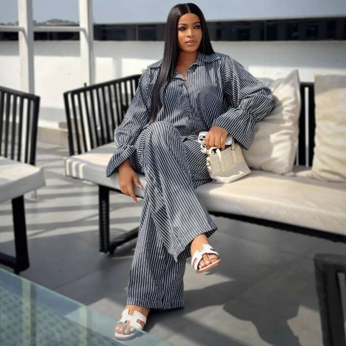 Women's Fashion Striped Button-Up Flared Long Sleeve Shirt Wide-Leg Pants Casual Set For Women B5