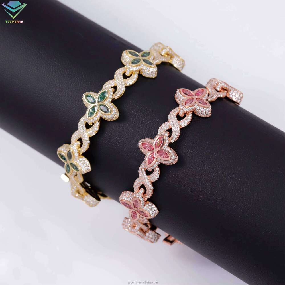 Fashion Hip Hop Jewelry 12mm Rose Gold Sterling Sier Colored Moissanite Dia Four Leaf Clover Infinity Link Bracelet