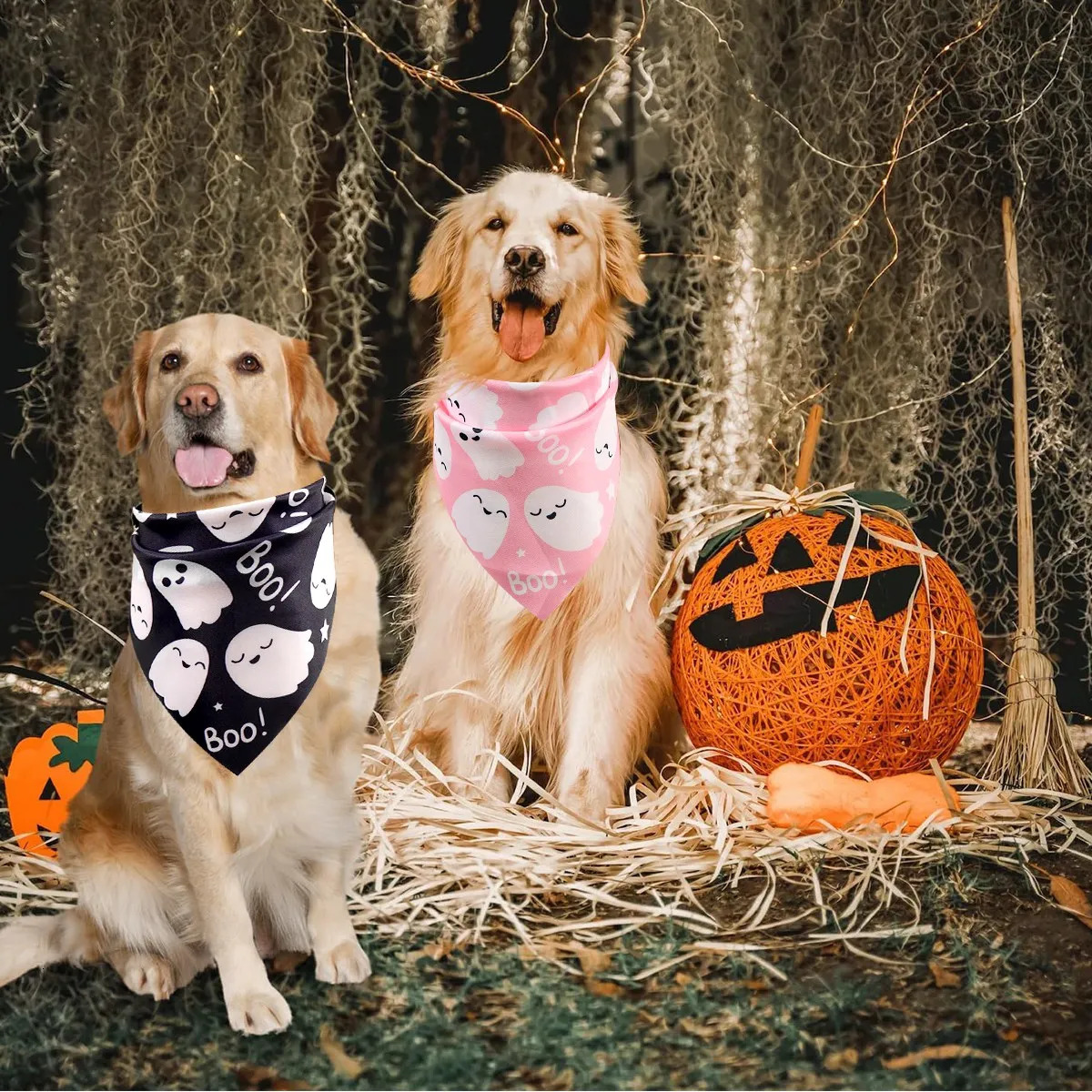 2 Pack Halloween Dog Bandanas Pink Black Ghost Boo Scarf Bibs Triangle Pet Costume for All Dogs Cats 250729