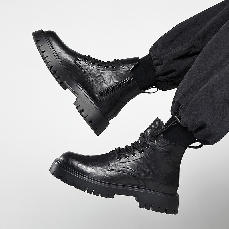 Martin Men New British Style Trendy Versatile Thick-Soled Casual Mid-Top Black Motorcycle Boots 6575-R