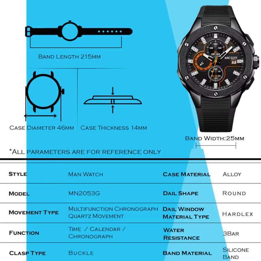 DHgargets MEGIR 2053 Men's Sports Watch - 46mm Silicone Strap, Waterproof 30M, Luminous, Chronograph, Date Display, Quartz Movement