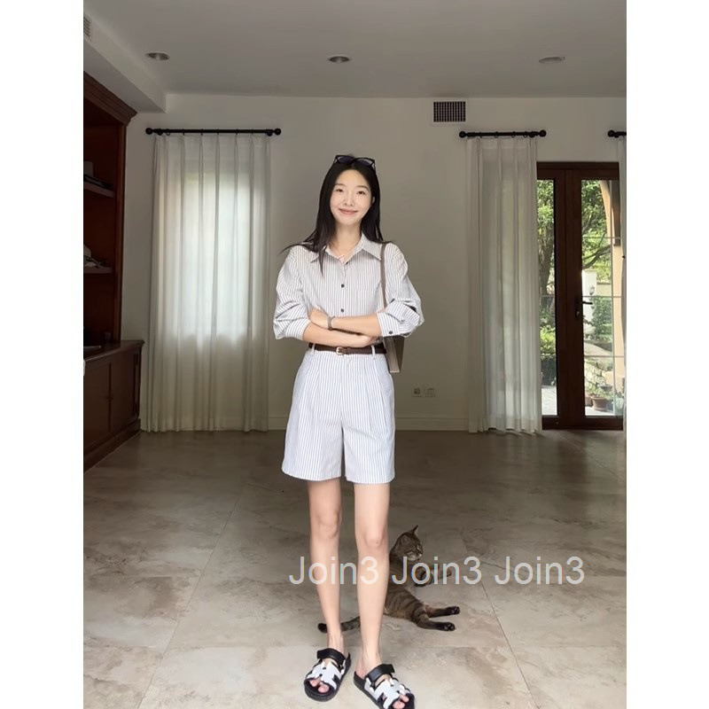 Summer New Slimming Two-Piece Elegant Versatile Striped Shirt + High-Waisted Shorts Set for Women