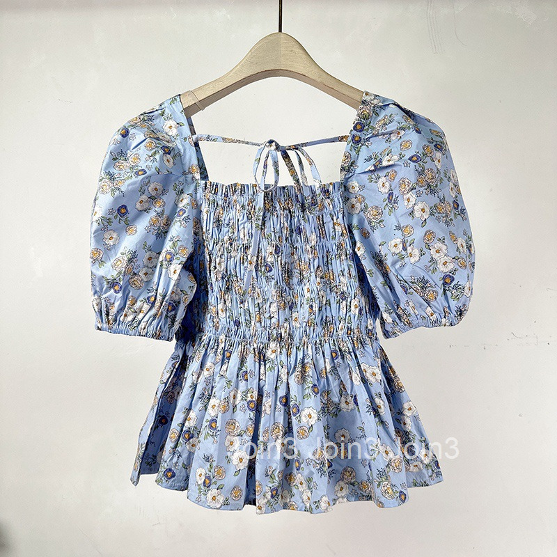 Summer New French Floral Fresh Style Square Neck Back Tie Slim Fit French Short Sleeve Top for Women