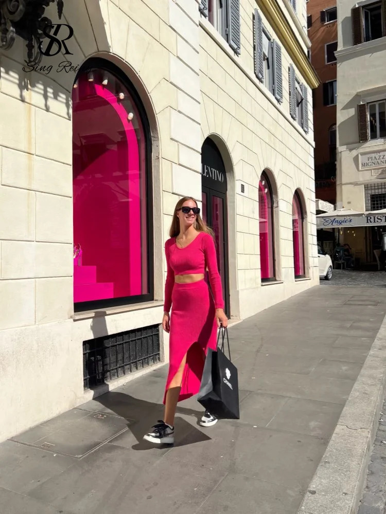 100% Cotton Autumn Sweater Two Pieces Suits Long Sleeves Knit Top Elastic Waist Slim Split Skirt Sets Women Warm Knitted Suit 250729