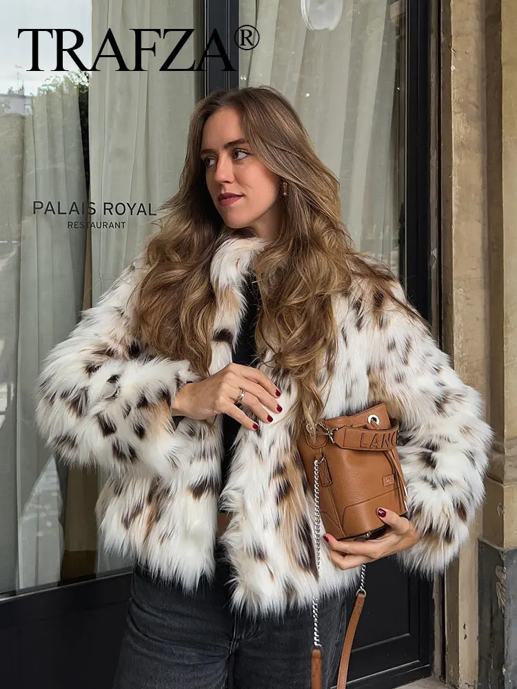 TRAFZA Autumn Winter Women Fashion Print Faux Fur Coat Casual Loose Long Sleeve Plush Thick Warm Jacket Female Y2K Streetwear 250723