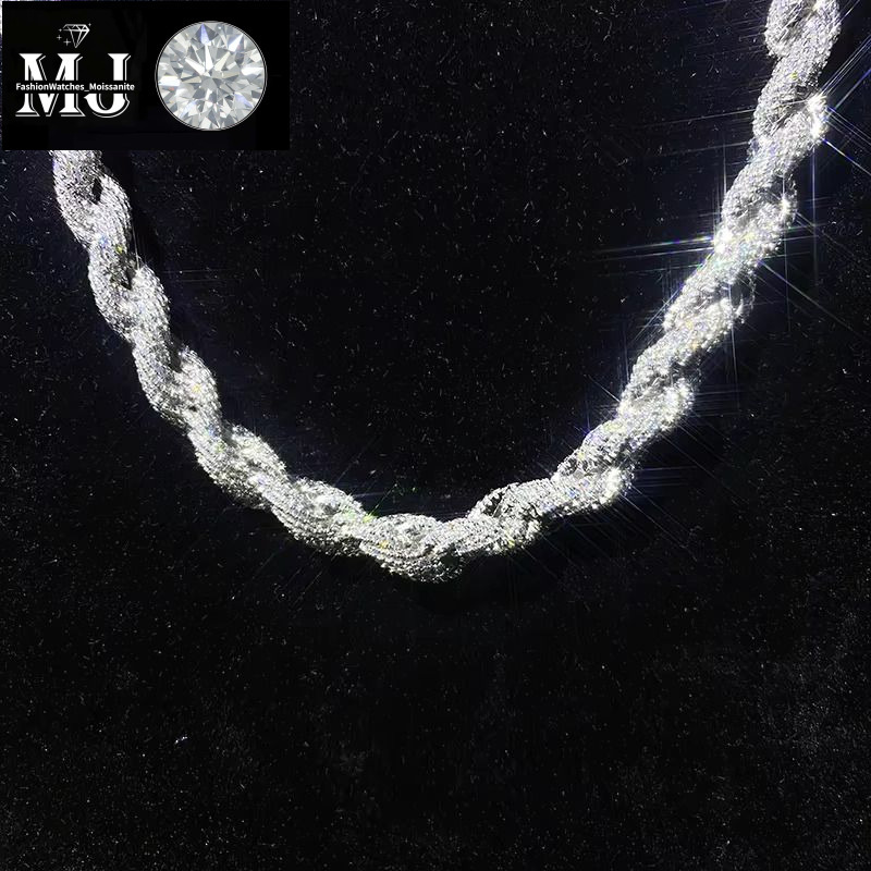 Fashion Jewelry Popular White Gold Plated Sier Iced Out 8mm VVS Moissanite Hip Hop Rope Chain Necklace For Men