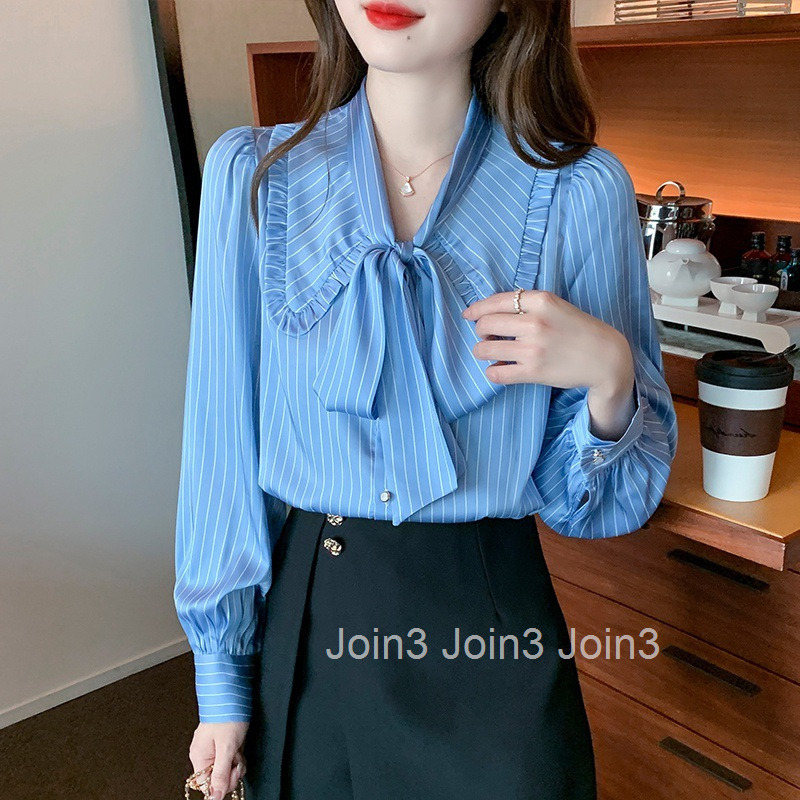 Spring and Autumn New Plus Size Womens Professional Blue Striped Chiffon Long Sleeve Shirt Fashionable Elegant Shirt