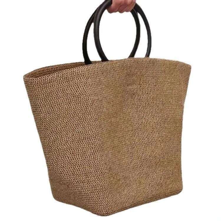 Women's Bags Designer Women's Bags Designer Lazy One-Click Closure Portable Bucket Bag, Straw Woven Handbag, Large Capacity, Simple Beach Va