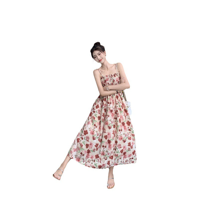 Summer New Sweet French Floral Strap Dress Chiffon Slimming Printed Long Dress