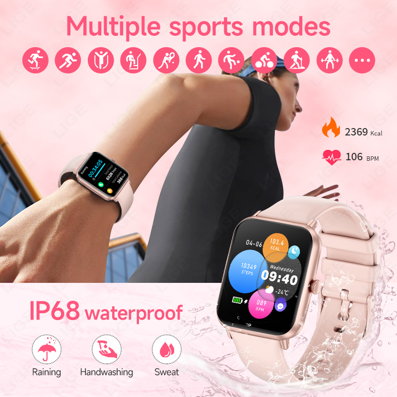 LIGE Smart watch answer/call calls fitness watch with heart rate sleep IP68 waterproof 100 sports modes, pedometer Step-counting blood pressure health