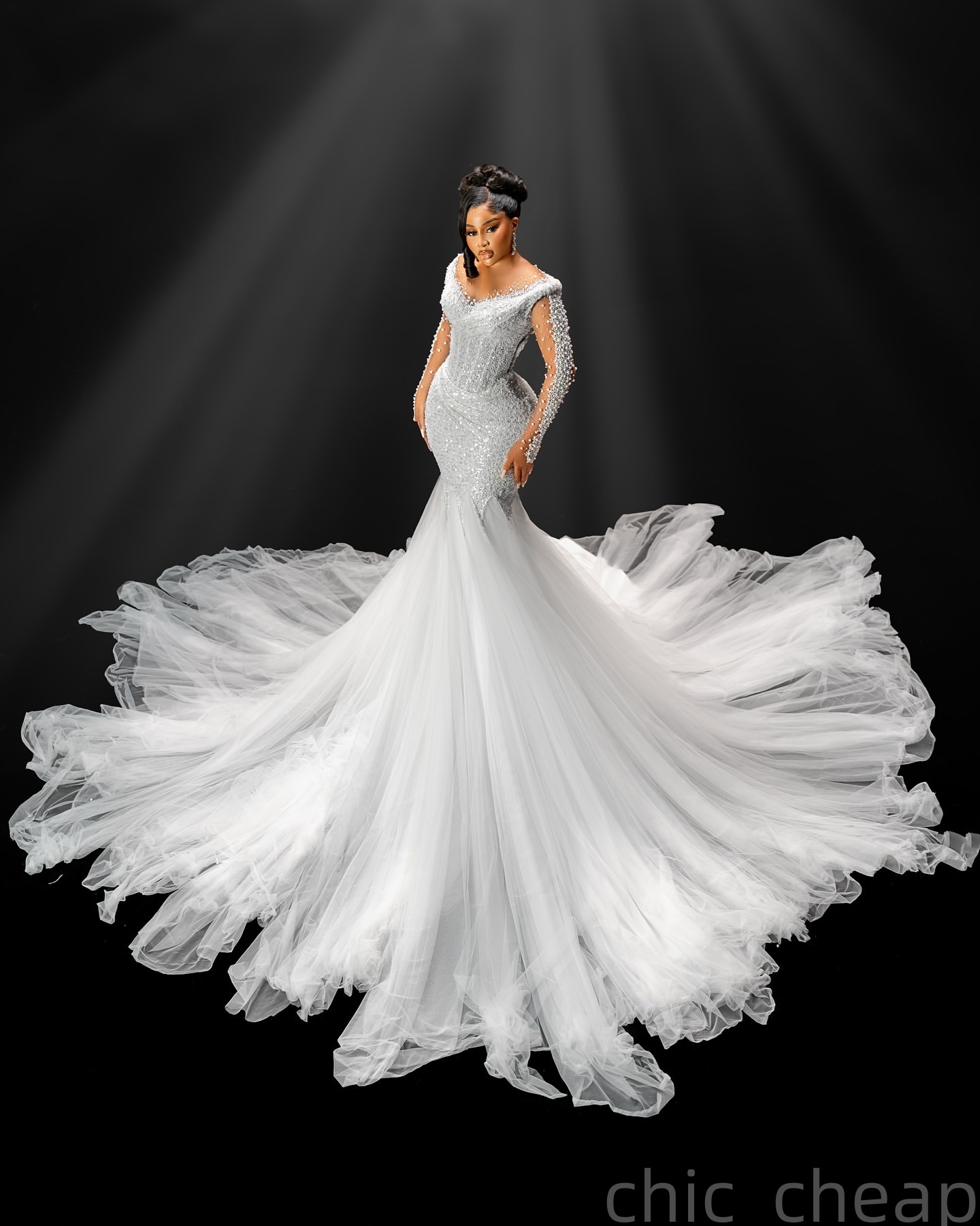 2025 Aso Ebi Plus Size Ivory Mermaid Wedding Dress Sequined Pearls Tulle Full Sleeves Sparkly Vintage Bridal Gowns Dresses ZJ0682