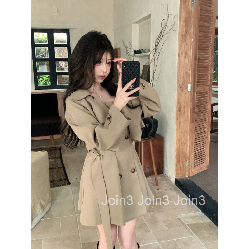Autumn Winter New High-End Trench Coat Fashion Set Women Double-Breasted Short Jacket Top Short Dress