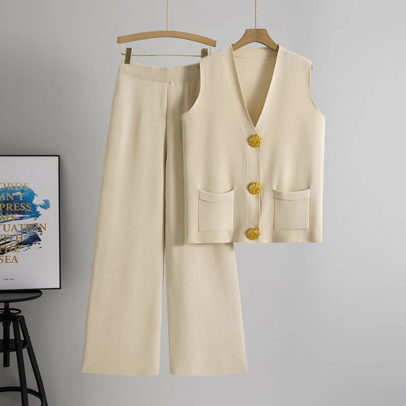 2 Pieces Casual Knit Suit for Women Vneck Sleeveless Single Breasted Slim Tank Wideleg Pants Female Set Spring Summer w250729