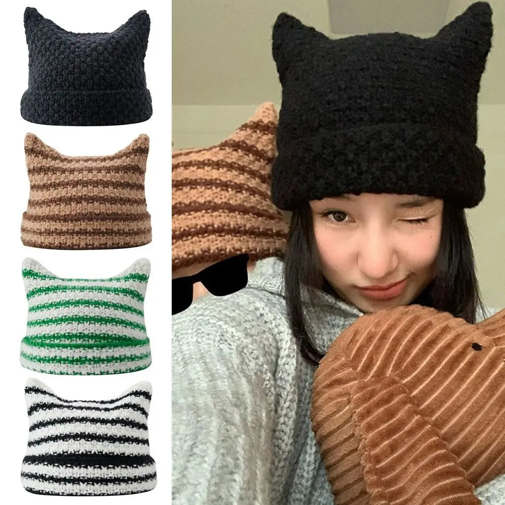 2K Harajuku Punk Gothic Knitted Cat Ear Little Devil Hat Millennium Women Kawaii er Winter Handmade Beanie Female Caps 250724