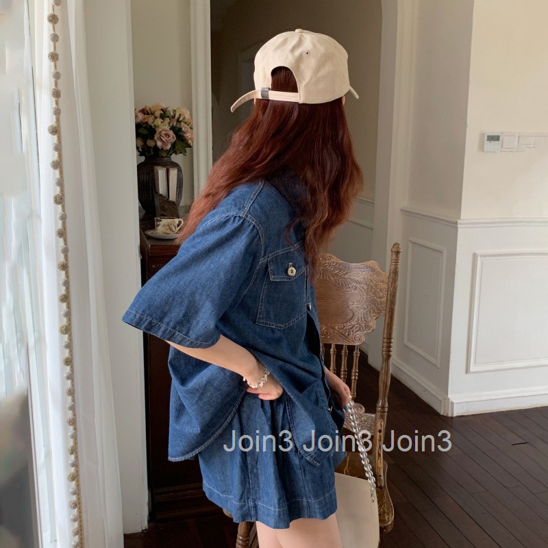 Summer New Casual Washed Denim Two-Piece Set Short Sleeve Shirt Top vs Shorts Set for Women