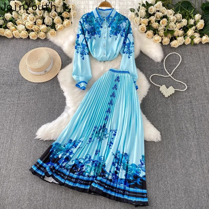 Skirt Outfits Floral Two Piece Sets Women Clothing Long Sleeve Single Breasted Blouses High Waist Pleated Skirts Suit Summer Set 250728