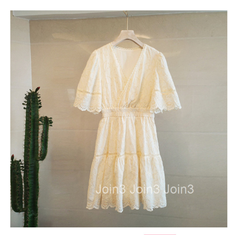 New Summer Dress Heavy Embroidery Hollow Fairy Mid-Length Dress Cross V-Neck Elegant Waist Slimming Short Sleeve Dress
