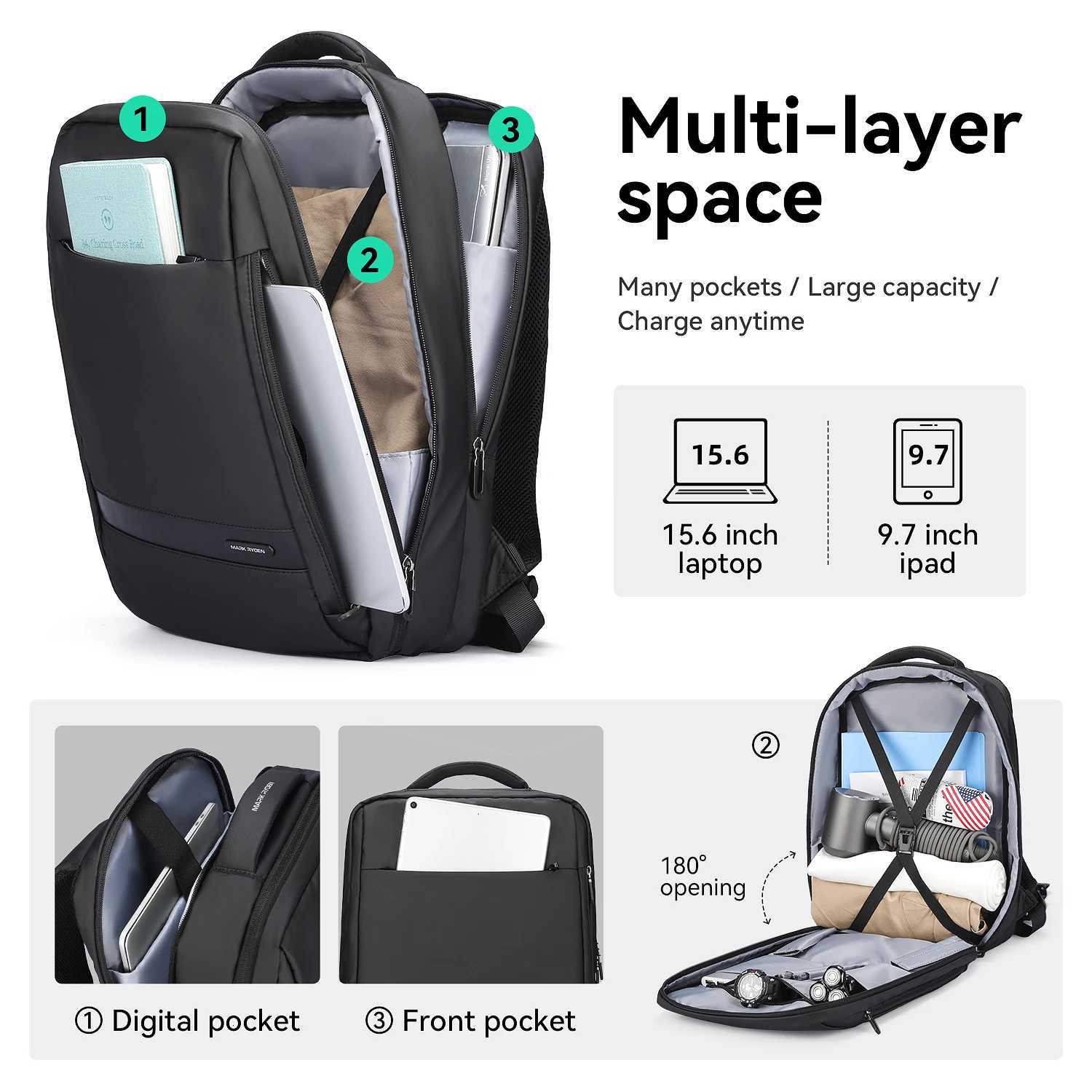 Mark Ryden15.6-inch waterproof USB charging port travel backpack large capacity can be expanded 180 degrees SBS zipper S250728