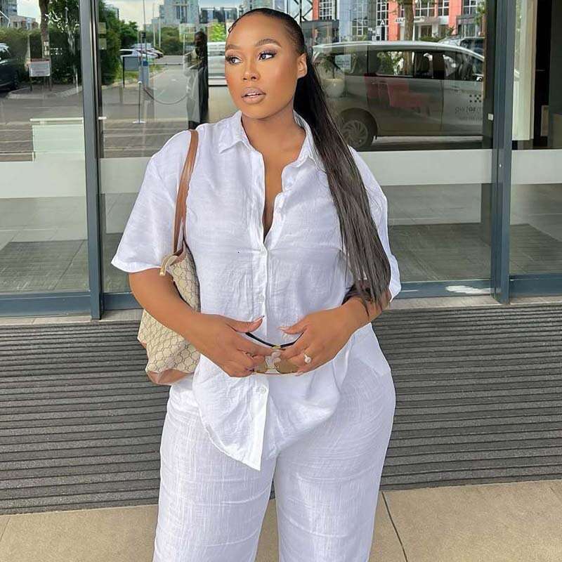 Women's Outfit Short Sleeve Turn-Down Collar Elegant Slimming Shirt Simple Wide-Leg Long Pants Two-Piece Set For Women B5