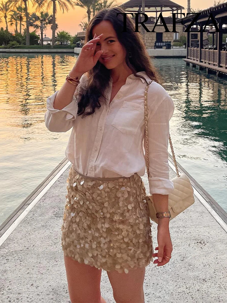 TRAFZA Women Summer Fashion Party Style Sequin Mini Slim Skirt Female Sexy Elegant Banquet Zipper High Waist Short ALine Skirt 250729