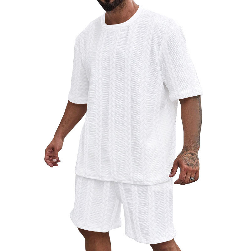 Mens Jacquard Knitted Casual Set Summer Special Plus Size T-shirt Short Sleeve Shorts