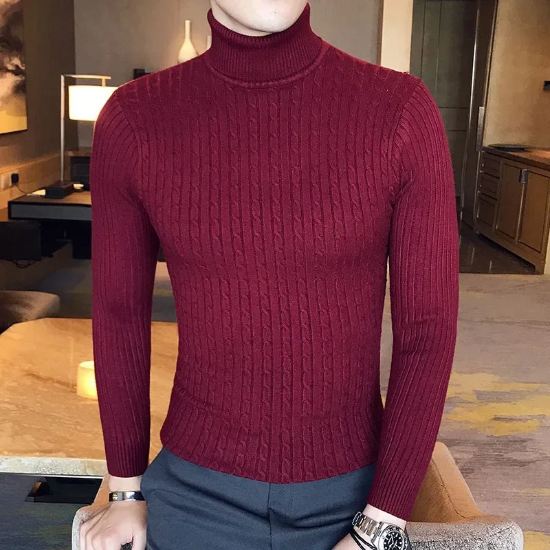 Mens High Neck Sweater Solid Color Pullover Knitted Warm Casual Turtleneck Woolen Winter Outdoor Tops 250729