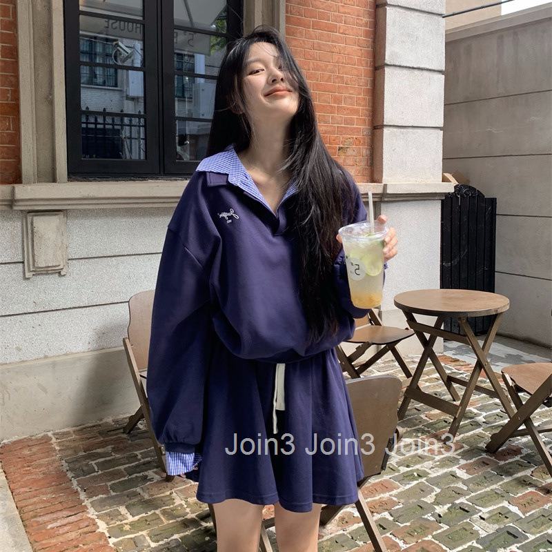 Autumn Winter New Embroidered Patchwork Fake Two-Piece Casual Sports Long Sleeve Top Sweatshirt Half Skirt Set