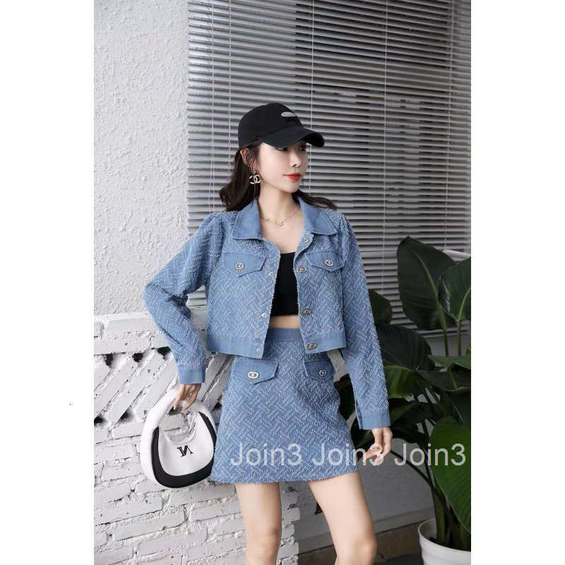 Autumn New Fashion Slimming Floral Denim Long Sleeve Short Jacket Top Shirt High Waist Half Skirt Set