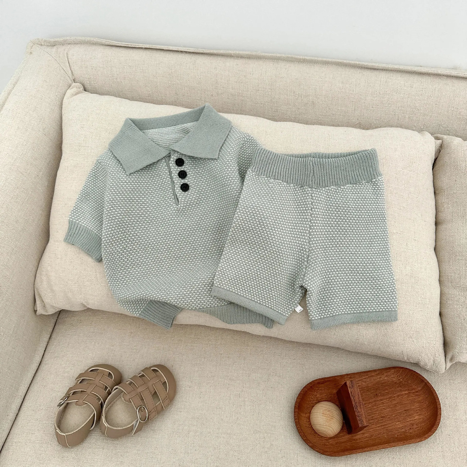 Korean Childrens Clothing Boys Knitted Suit Stylish Baby Thin Breathable Polo Shirt Short Sleeved Five Quarter Pants 250729