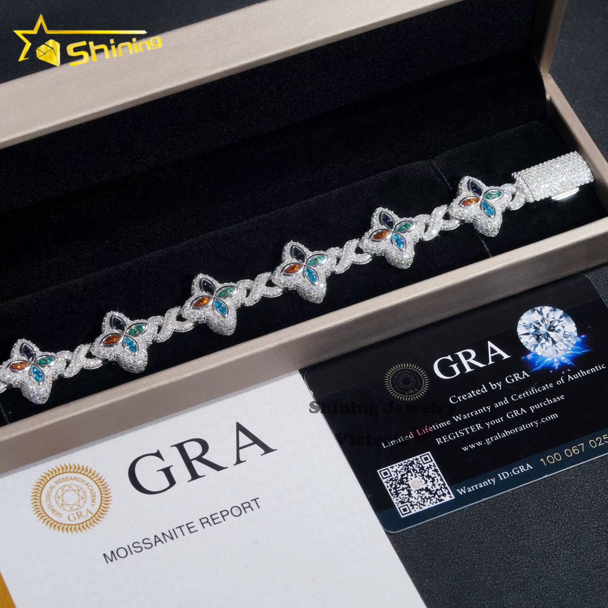 New Arrival Trendy Rapper Jewelry Iced Out 925 Silver Plated Moissanite Clover 18MM Infinity Link Cuban Bracelet Men