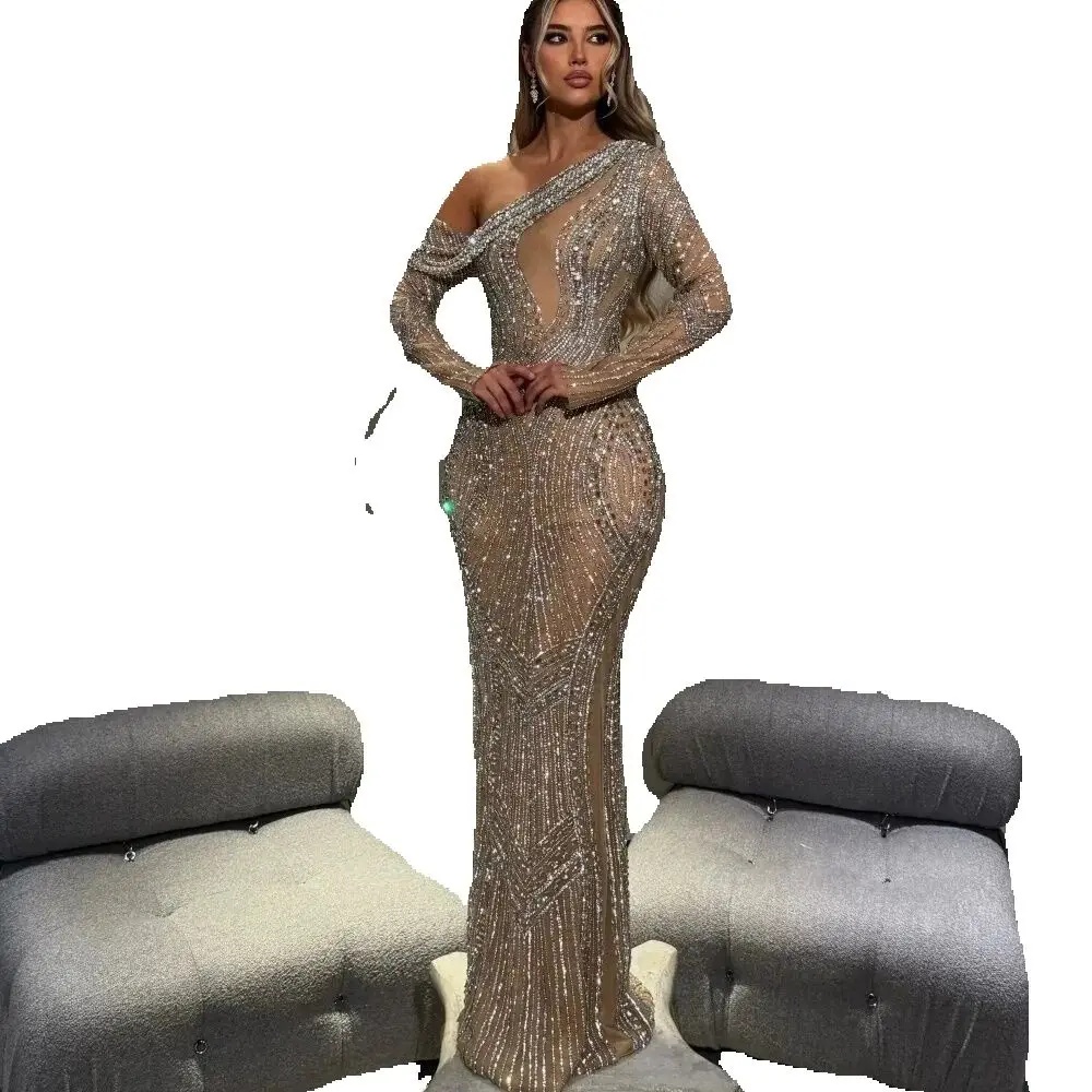 Sparkly One Shoulder Sequined Evening Dresses Customized Sexy Crystal Long Sleeve Prom Dress Glitter Floor Length Party Gown