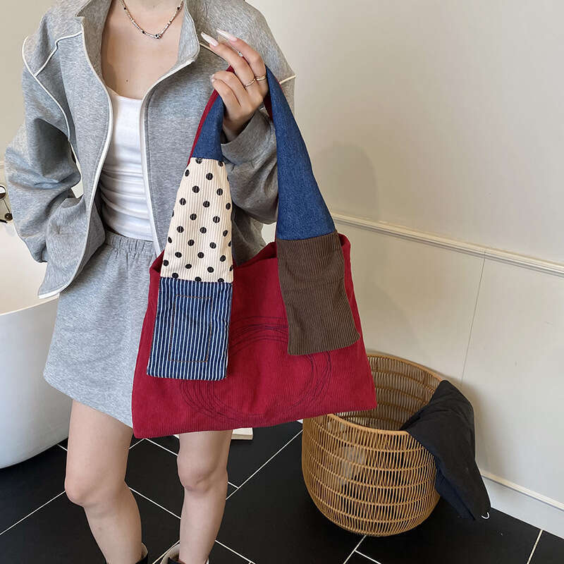 2025 New Artistic Casual Patchwork Corduroy Tote Niche Design Handheld Commuter Shoulder Bag