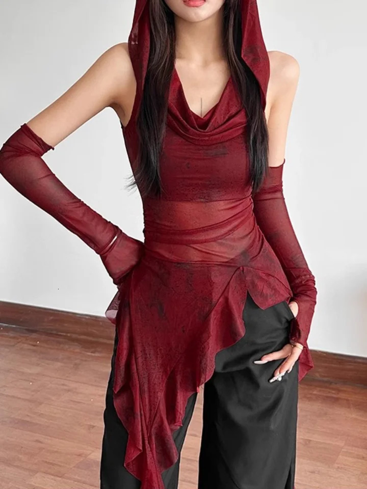 Red Mesh See Through Top Streetwear Hooded Tshirt Irregular Ruffle Oversleeve Tops for Women Sexy Y2k Clothing 250729