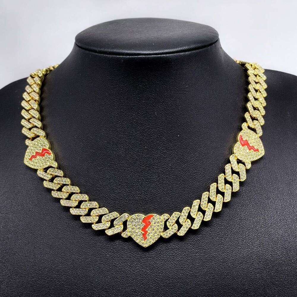 Men's Cuban Chain Personality Creative 12mm Heart Split Full Dia Alloy Necklace Hip Hop Style Jewelry