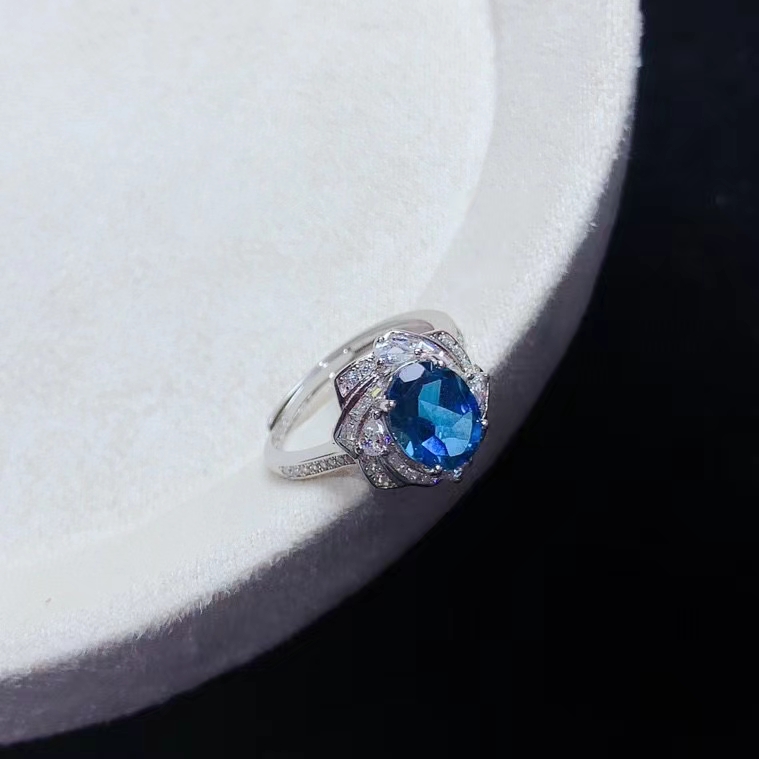 Deep blue natural topaz ring 7mm*9mm VVS grade genuine London blue topaz 925 silver ring for engagement