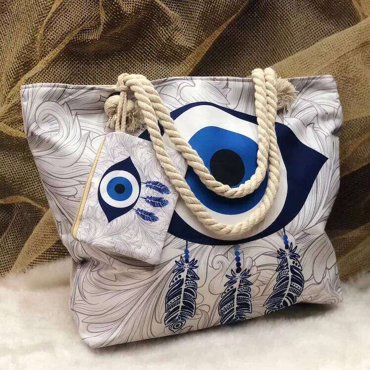 1Pcs Evil Eye Women's Beach Polyester Large Capacity Tote Shoulder Customizable Seaside Travel Bag